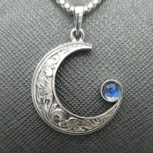 Crescent moon scroll necklace handcrafted in Manteo, NC