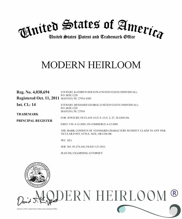 Modern Heirloom® certificate